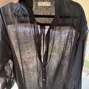 Tan + Lines Tulum Black Linen Button Down Cover Up Tunic Oversized Beach Shirt